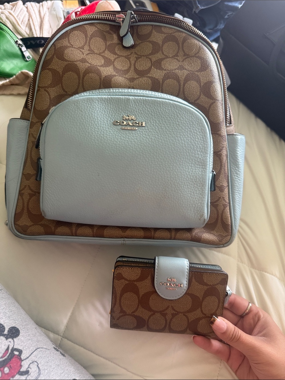 COACH Brown Signature Canvas Backpack with Light Blue Leather Trim and Wallet - Picture 1 of 1